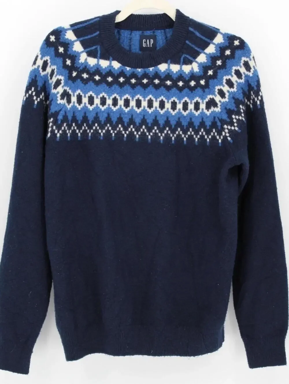 Gap $88 Small Navy Blue White Fair Isle Nordic Crew Neck Wool Blend Sweater
